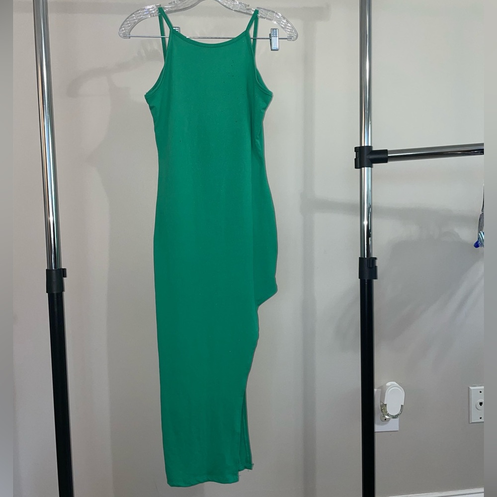 Green Spaghetti Strap Midi Length Asymmetrical Dress